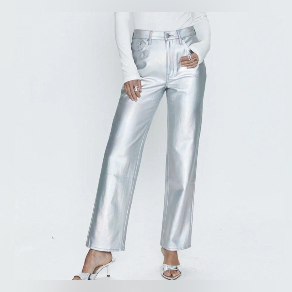 PISTOLA $170 Cassie High Rise Straight Pants Coated‎ Prism Silver Metallic Disco
